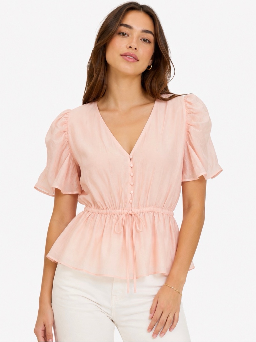 1.STATE Rose Pink Ruffle Sleeve Peplum Blouse | Size Large | NWT